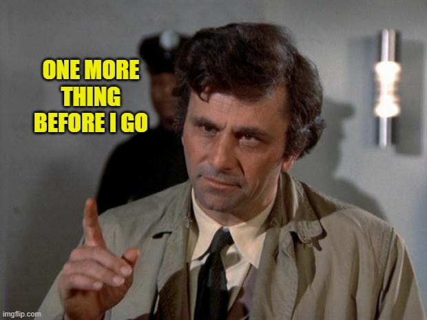 Columbo | ONE MORE THING BEFORE I GO | image tagged in columbo | made w/ Imgflip meme maker