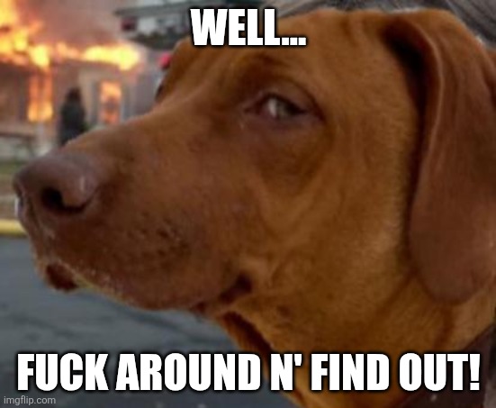 Nonchalant dog....init! | WELL... FUCK AROUND N' FIND OUT! | image tagged in nonchalant dog init | made w/ Imgflip meme maker