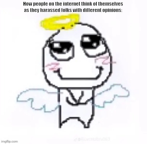 angelically | How people on the internet think of themselves as they harassed folks with different opinions: | image tagged in memes,harassment,bad | made w/ Imgflip meme maker
