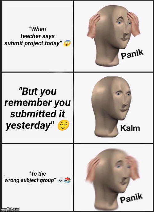 Funny | "When teacher says submit project today" 😱; "But you remember you submitted it yesterday" 😌; "To the wrong subject group" 💀📚 | image tagged in memes,panik kalm panik | made w/ Imgflip meme maker