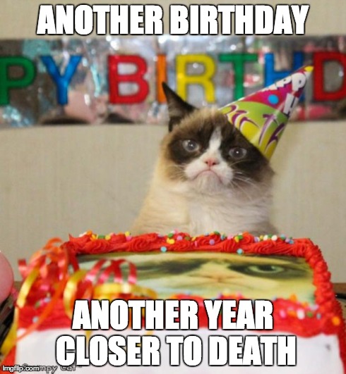 Grumpy Cat Birthday | ANOTHER BIRTHDAY ANOTHER YEAR CLOSER TO DEATH | image tagged in grumpy cat birthday hat,grumpy cat | made w/ Imgflip meme maker