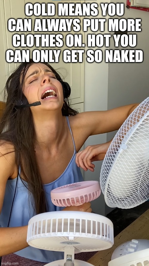 Too hot | COLD MEANS YOU CAN ALWAYS PUT MORE CLOTHES ON. HOT YOU CAN ONLY GET SO NAKED | image tagged in too hot | made w/ Imgflip meme maker
