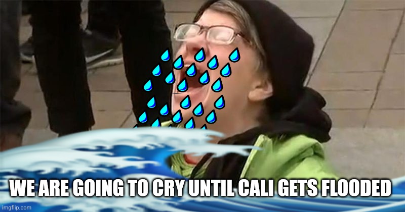 crying liberal | WE ARE GOING TO CRY UNTIL CALI GETS FLOODED | image tagged in crying liberal | made w/ Imgflip meme maker
