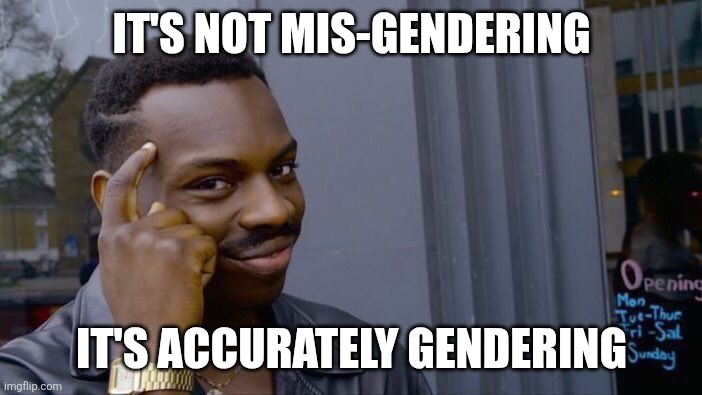 Roll Safe Think About It Meme | IT'S NOT MIS-GENDERING IT'S ACCURATELY GENDERING | image tagged in memes,roll safe think about it | made w/ Imgflip meme maker