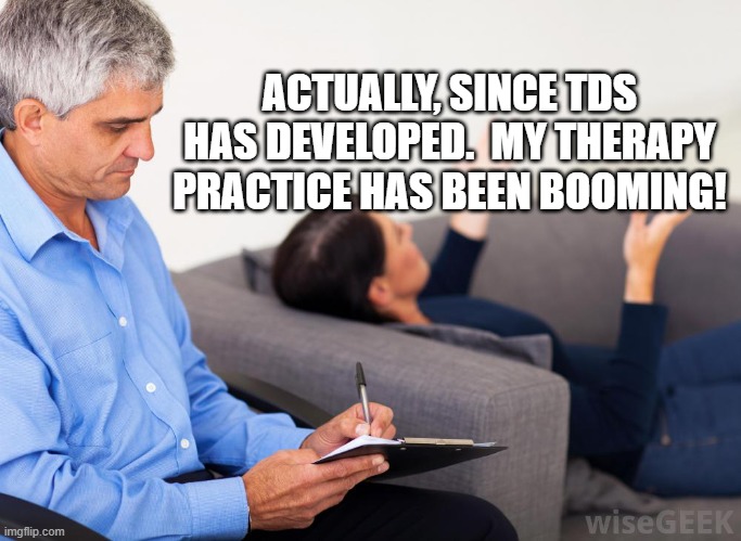 Therapist, notes | ACTUALLY, SINCE TDS HAS DEVELOPED.  MY THERAPY PRACTICE HAS BEEN BOOMING! | image tagged in therapist notes | made w/ Imgflip meme maker