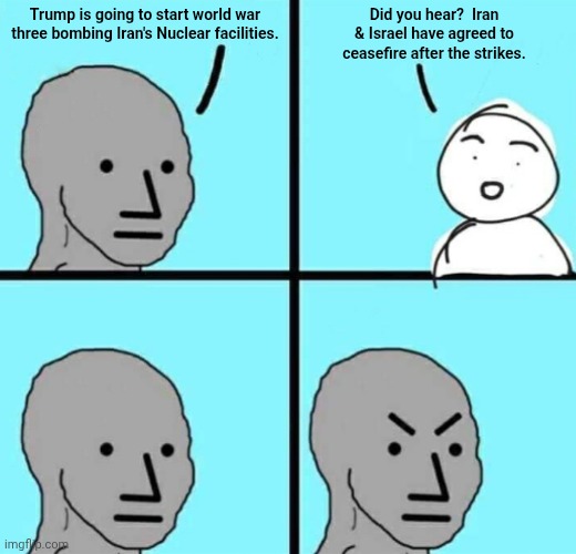 Angry npc wojak | Trump is going to start world war three bombing Iran's Nuclear facilities. Did you hear?  Iran & Israel have agreed to ceasefire after the strikes. | image tagged in angry npc wojak | made w/ Imgflip meme maker