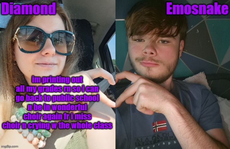Diamond and ES shared couple temp | im printing out all my grades rn so i can go back to public school n be in wonderful choir again fr i miss choir n crying w the whole class | image tagged in diamond and es shared couple temp | made w/ Imgflip meme maker
