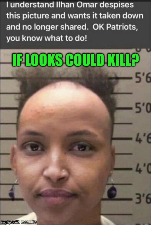 A picture’s worth a thousand memes | IF LOOKS COULD KILL? | image tagged in ilhan omar,democrats,radical islam,illegal immigration | made w/ Imgflip meme maker