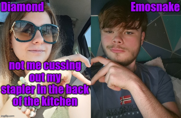 Diamond and ES shared couple temp | not me cussing out my stapler in the back of the kitchen | image tagged in diamond and es shared couple temp | made w/ Imgflip meme maker