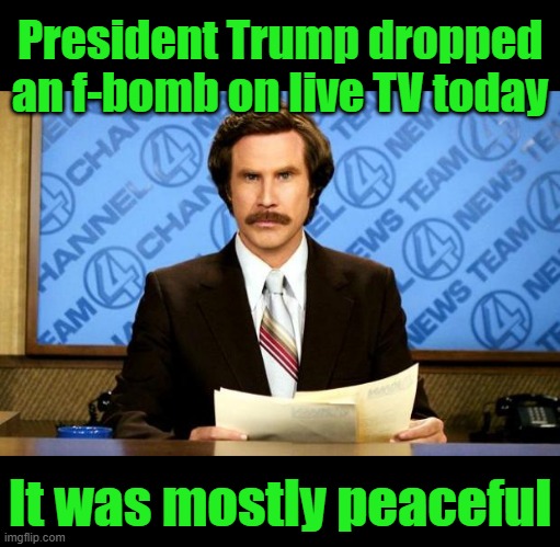 BREAKING NEWS | President Trump dropped an f-bomb on live TV today; It was mostly peaceful | image tagged in breaking news | made w/ Imgflip meme maker