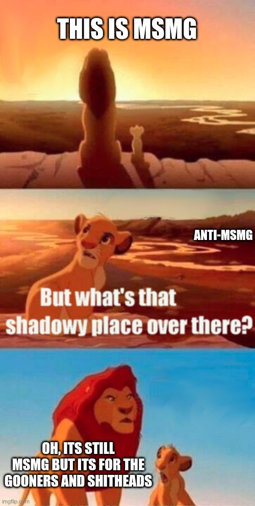 Simba Shadowy Place | THIS IS MSMG; ANTI-MSMG; OH, ITS STILL MSMG BUT ITS FOR THE GOONERS AND SHITHEADS | image tagged in memes,simba shadowy place | made w/ Imgflip meme maker