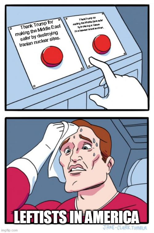 Two Buttons | Thank Trump for making the Middle East safer by brokering a Cease Fire between Israel and Iran. Thank Trump for making the Middle East safer by destroying Iranian nuclear sites. LEFTISTS IN AMERICA | image tagged in memes,two buttons | made w/ Imgflip meme maker