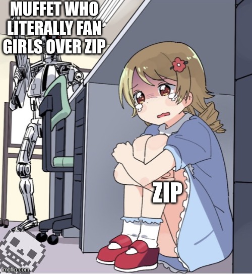yes, this is now canon(well, this'll be interesting to watch -Elliot) | MUFFET WHO LITERALLY FAN GIRLS OVER ZIP; ZIP | image tagged in anime girl hiding from terminator | made w/ Imgflip meme maker