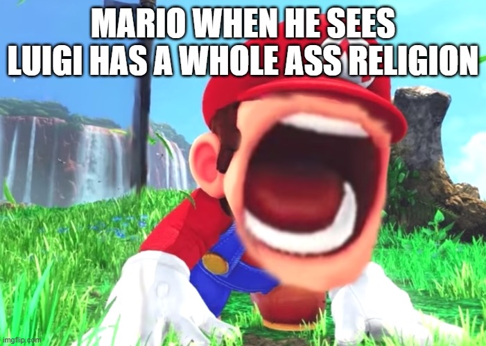 mario in a nutshell | MARIO WHEN HE SEES LUIGI HAS A WHOLE ASS RELIGION | image tagged in mario screaming | made w/ Imgflip meme maker