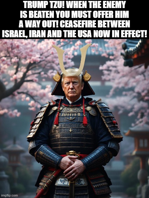 Trump Tzu | TRUMP TZU! WHEN THE ENEMY IS BEATEN YOU MUST OFFER HIM A WAY OUT! CEASEFIRE BETWEEN ISRAEL, IRAN AND THE USA NOW IN EFFECT! | image tagged in beaten with roses | made w/ Imgflip meme maker