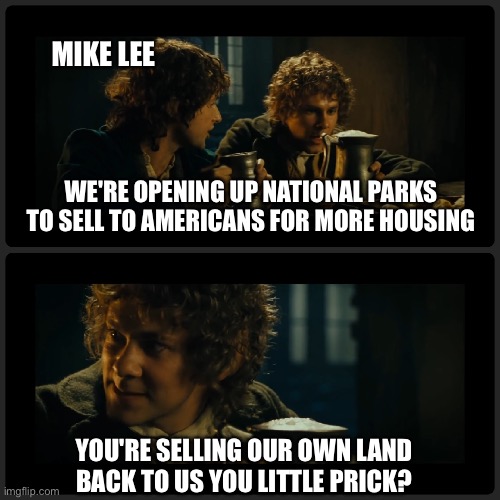 How about we bring back the homestead act? | MIKE LEE; WE'RE OPENING UP NATIONAL PARKS TO SELL TO AMERICANS FOR MORE HOUSING; YOU'RE SELLING OUR OWN LAND BACK TO US YOU LITTLE PRICK? | image tagged in this my friend is a pint | made w/ Imgflip meme maker