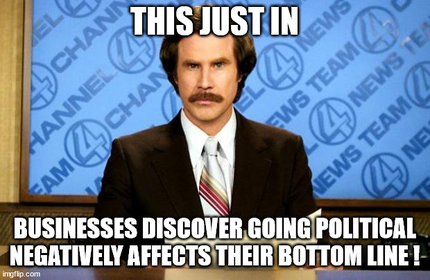 Businesses should stick to business | THIS JUST IN; BUSINESSES DISCOVER GOING POLITICAL NEGATIVELY AFFECTS THEIR BOTTOM LINE ! | image tagged in breaking news,activism,politics,public opinion | made w/ Imgflip meme maker