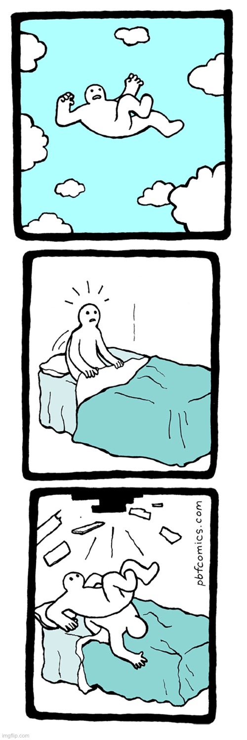 He thought that it was real… until it really was… | image tagged in comics,pbf comics,falling man | made w/ Imgflip meme maker