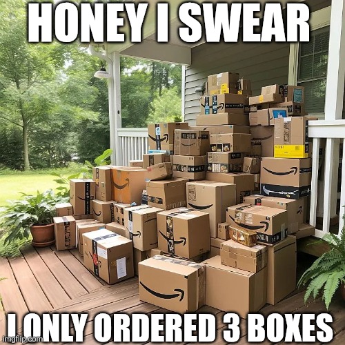 Honey I Swear I Only Ordered 3 Boxes | HONEY I SWEAR; I ONLY ORDERED 3 BOXES | image tagged in chrisjoines1 | made w/ Imgflip meme maker