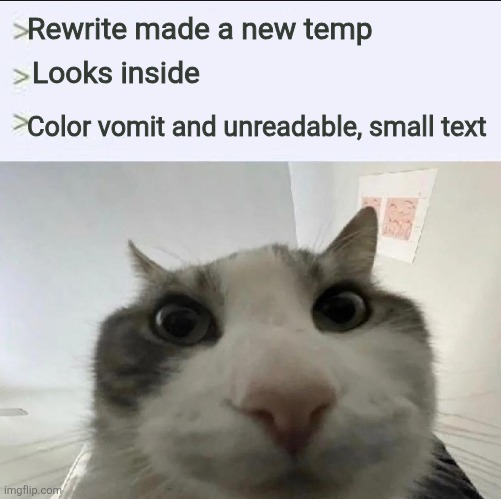 Cat looks inside | Rewrite made a new temp; Looks inside; Color vomit and unreadable, small text | image tagged in cat looks inside | made w/ Imgflip meme maker