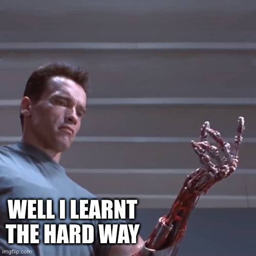 terminator hand | WELL I LEARNT THE HARD WAY | image tagged in terminator hand | made w/ Imgflip meme maker