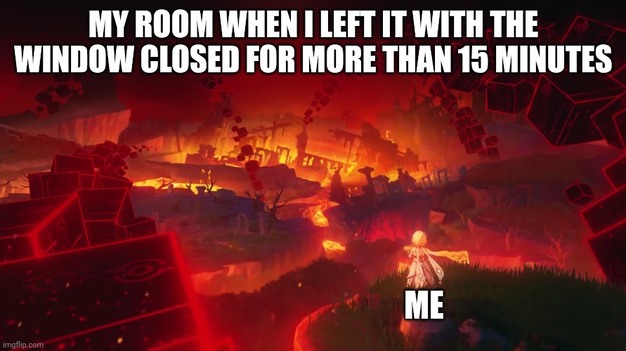 That's quite tru lol | MY ROOM WHEN I LEFT IT WITH THE WINDOW CLOSED FOR MORE THAN 15 MINUTES; ME | image tagged in khaenri'ah's fall,relatable,so true | made w/ Imgflip meme maker