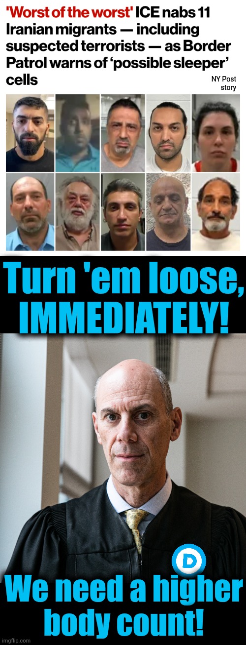 NY Post
story; Turn 'em loose,
IMMEDIATELY! We need a higher
body count! | image tagged in memes,activist judges,democrats,iran,sleeper cells,terrorists | made w/ Imgflip meme maker