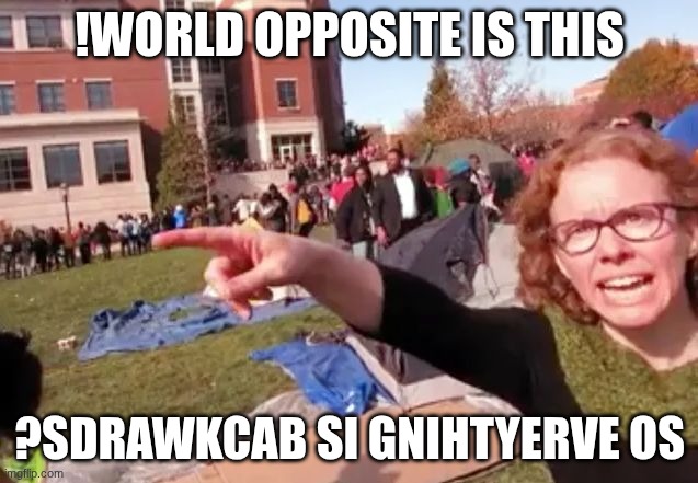 Melissa Click | !WORLD OPPOSITE IS THIS; ?SDRAWKCAB SI GNIHTYERVE OS | image tagged in melissa click | made w/ Imgflip meme maker