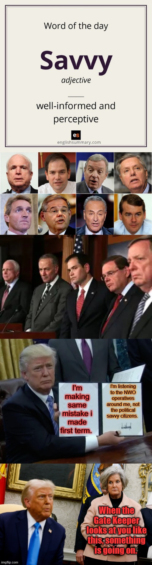 Susie the Gate Keeper has already begun makeing sure Trump hears the NWO line not the citizens. | When the Gate Keeper looks at you like this, something is going on. | made w/ Imgflip meme maker