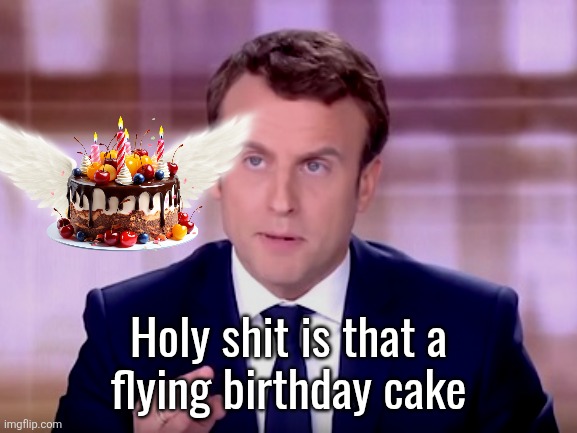 Emmanuel Macron | Holy shit is that a
flying birthday cake | image tagged in emmanuel macron | made w/ Imgflip meme maker