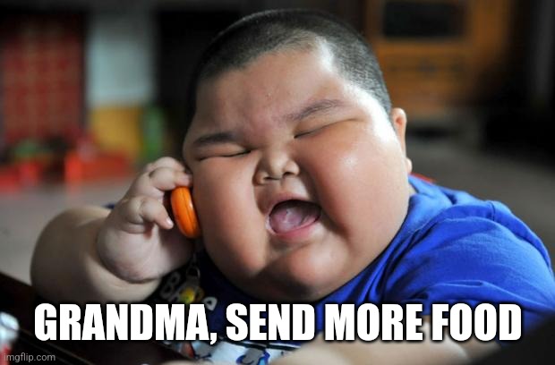 Fat Asian Kid | GRANDMA, SEND MORE FOOD | image tagged in fat asian kid | made w/ Imgflip meme maker