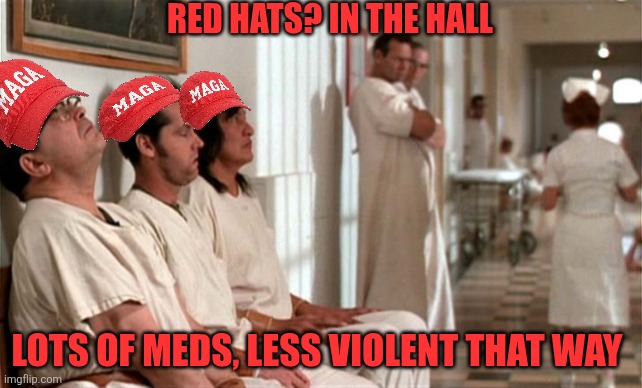 Mental hospital | RED HATS? IN THE HALL LOTS OF MEDS, LESS VIOLENT THAT WAY | image tagged in mental hospital | made w/ Imgflip meme maker