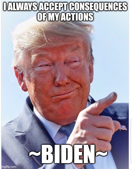 Trump pointing | I ALWAYS ACCEPT CONSEQUENCES 
OF MY ACTIONS ~BIDEN~ | image tagged in trump pointing | made w/ Imgflip meme maker