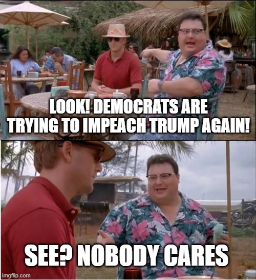 See Nobody Cares | LOOK! DEMOCRATS ARE TRYING TO IMPEACH TRUMP AGAIN! SEE? NOBODY CARES | image tagged in memes,see nobody cares | made w/ Imgflip meme maker