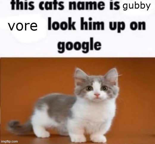 Help im running out of ideas and getting lazier or smth | gubby; vore | image tagged in this cats name is x look him up on google | made w/ Imgflip meme maker
