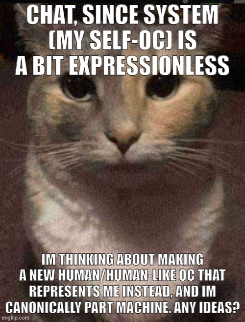 cat dead stare | CHAT, SINCE SYSTEM (MY SELF-OC) IS A BIT EXPRESSIONLESS; IM THINKING ABOUT MAKING A NEW HUMAN/HUMAN-LIKE OC THAT REPRESENTS ME INSTEAD, AND IM CANONICALLY PART MACHINE. ANY IDEAS? | image tagged in cat dead stare,sans of topic | made w/ Imgflip meme maker