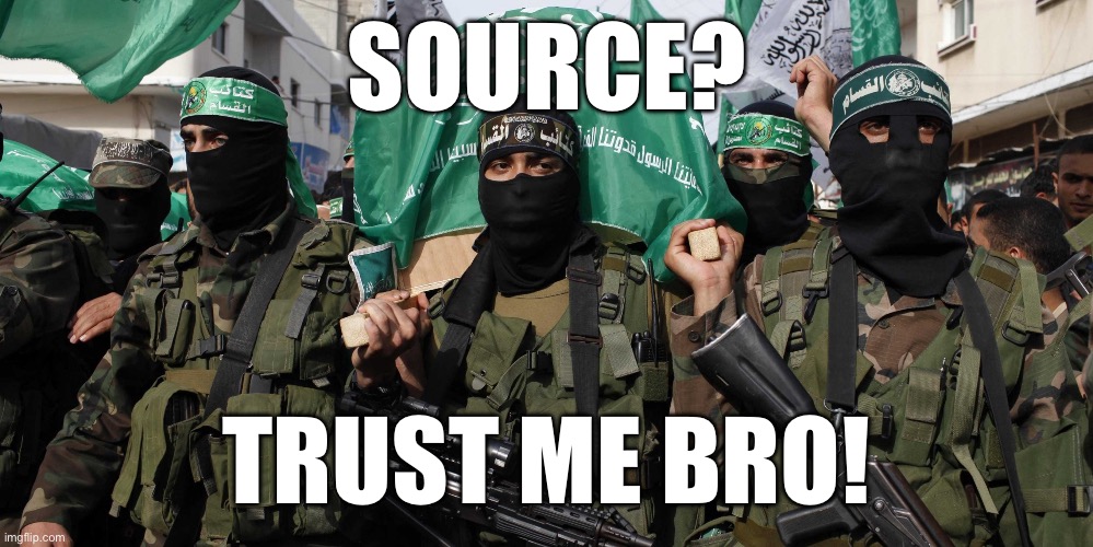 Hamas | SOURCE? TRUST ME BRO! | image tagged in hamas,trust me | made w/ Imgflip meme maker