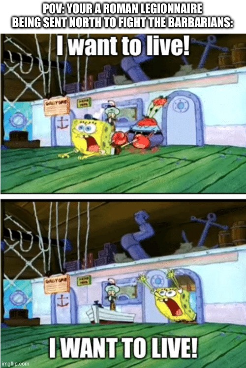 NOOOO | POV: YOUR A ROMAN LEGIONNAIRE BEING SENT NORTH TO FIGHT THE BARBARIANS: | image tagged in i want to live,roman empire,rome,historical meme,history,ancient | made w/ Imgflip meme maker