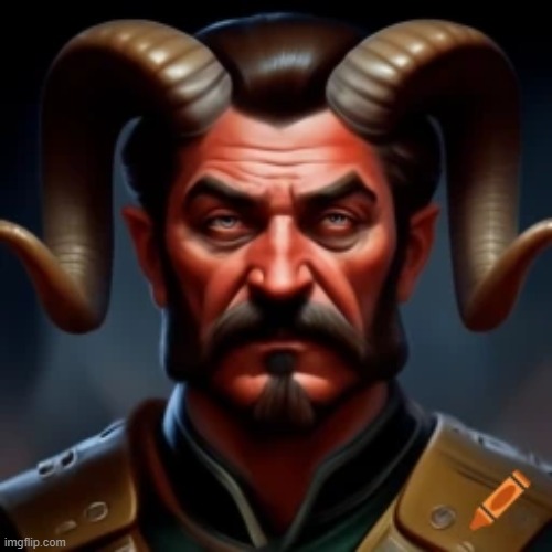 Joseph Stalin with ram horns and red skin (this is what | image tagged in joseph stalin,communism,devil | made w/ Imgflip meme maker