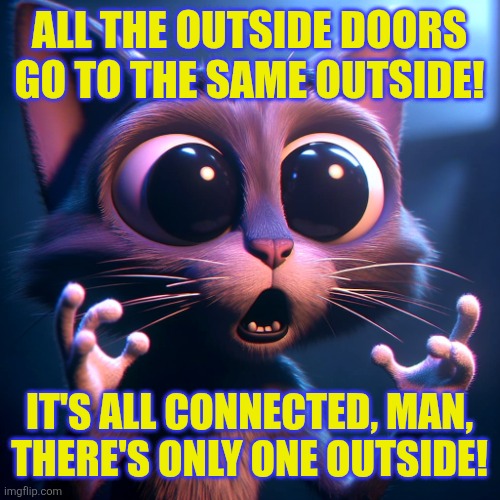 Those are supposed to be paws! | ALL THE OUTSIDE DOORS GO TO THE SAME OUTSIDE! IT'S ALL CONNECTED, MAN,
THERE'S ONLY ONE OUTSIDE! | image tagged in ai conspiracy cat,conspiracy,cats,high,stoner,thoughts | made w/ Imgflip meme maker