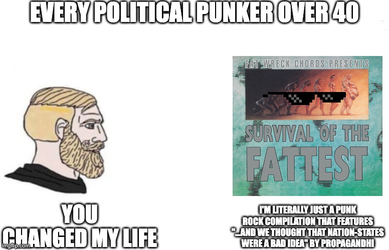 punkers over 40 | EVERY POLITICAL PUNKER OVER 40; I'M LITERALLY JUST A PUNK ROCK COMPILATION THAT FEATURES "...AND WE THOUGHT THAT NATION-STATES WERE A BAD IDEA" BY PROPAGANDHI; YOU CHANGED MY LIFE | image tagged in double yes chad | made w/ Imgflip meme maker