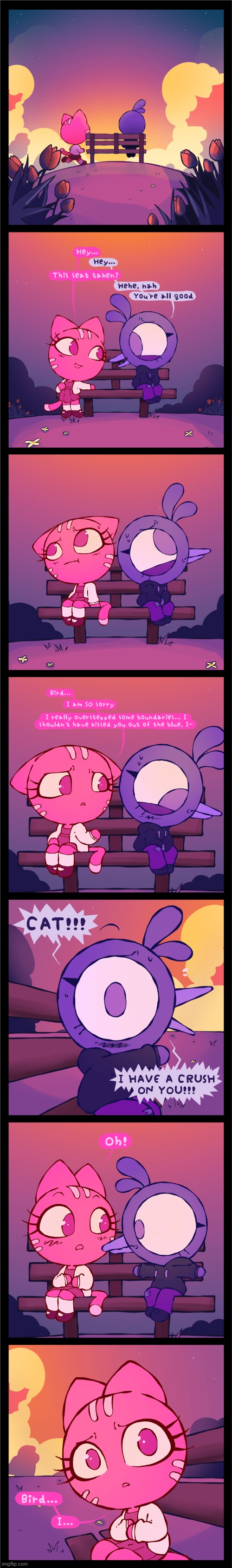The talk begins... | image tagged in cat,bird,bench,talk,lesbian,crush | made w/ Imgflip meme maker