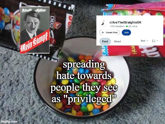 they be hateful | spreading hate towards people they see as "privileged" | image tagged in skittles mms combining | made w/ Imgflip meme maker