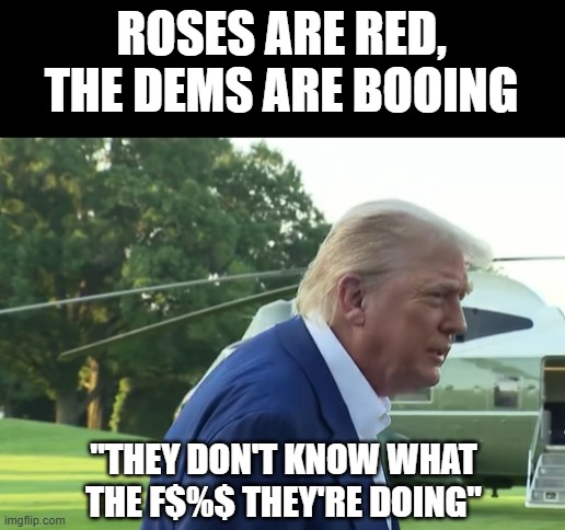 Trump Poetry | ROSES ARE RED, THE DEMS ARE BOOING; "THEY DON'T KNOW WHAT THE F$%$ THEY'RE DOING" | image tagged in trump,politics | made w/ Imgflip meme maker