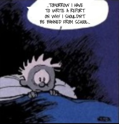 ...TOMORROW I HAVE TO WRITE A REPORT ON WHY I SHOULDN'T BE BANNED FROM SCHOOL... | made w/ Imgflip meme maker