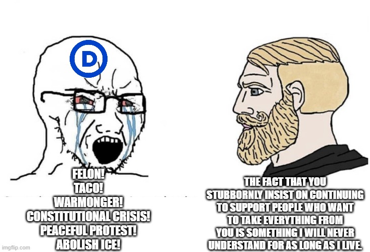 There once was a time where I thought that maybe these people could be helped. That was a very long time ago. | THE FACT THAT YOU STUBBORNLY INSIST ON CONTINUING TO SUPPORT PEOPLE WHO WANT TO TAKE EVERYTHING FROM YOU IS SOMETHING I WILL NEVER UNDERSTAND FOR AS LONG AS I LIVE. FELON!
TACO!
WARMONGER!
CONSTITUTIONAL CRISIS!
PEACEFUL PROTEST!
ABOLISH ICE! | image tagged in soyboy vs yes chad,memes,funny,stupid liberals,trump derangement syndrome | made w/ Imgflip meme maker