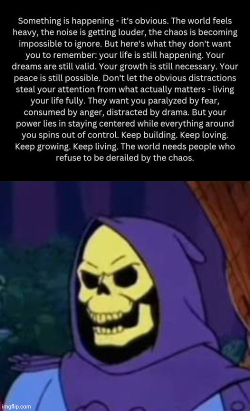 Skeletor refuse to be derailed | image tagged in skeletor speaks,flying away from chaos | made w/ Imgflip meme maker