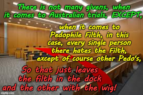 In Australia, everyone hates Pedophile Filth, except other Pedoes, like Judges, Priests, Politicians etc! | There is not many givens, when it comes to Australian trials, EXCEPT, when it comes to Pedophile Filth, in this case, every single person there hates the Filth, except of course other Pedo's, So that just leaves the filth in the dock and the other with the wig! Yarra Man | image tagged in magistrates,queensland nsw victoria,western south australia,tasmania act,rotherham luton,kier starmer mark rowley sadiq khan | made w/ Imgflip meme maker