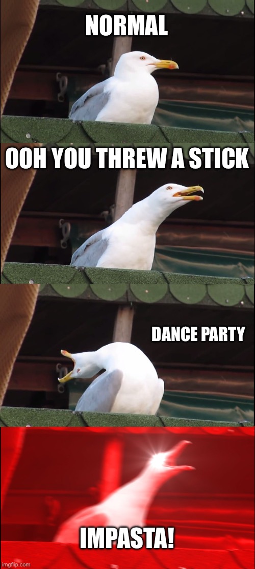 Inhaling Seagull | NORMAL; OOH YOU THREW A STICK; DANCE PARTY; IMPASTA! | image tagged in memes,inhaling seagull,lol so funny,impostor,choking | made w/ Imgflip meme maker