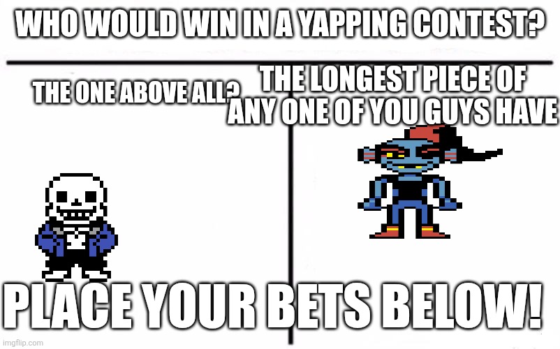 Who Would Win Blank | WHO WOULD WIN IN A YAPPING CONTEST? THE LONGEST PIECE OF ANY ONE OF YOU GUYS HAVE; THE ONE ABOVE ALL? PLACE YOUR BETS BELOW! | image tagged in who would win blank | made w/ Imgflip meme maker